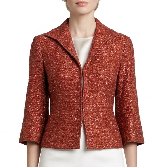Lafayette 148 New York Jackets & Blazers - Lafayette 148 Metallic Sparkle Wool Tweed Blazer Suit Red Orange Silver Work 4